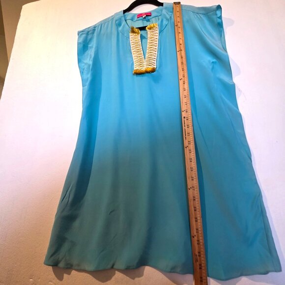 Elaine Turner Silk Shift Dress Small Embroider Fringe Turquoise Blue Resort Boho - Picture 9 of 9
